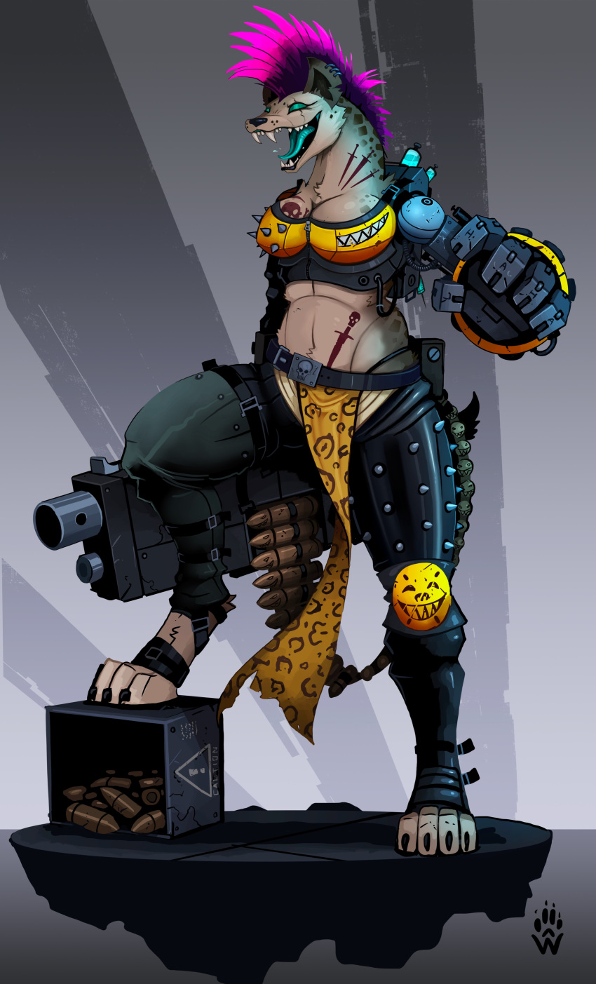 2024 4_toes absurd_res ammo_belt anthro beastman_(warhammer) blue_eyeshadow blue_tongue bolter bottomwear breasts brown_body brown_fur cleavage clothed clothed_anthro clothed_female clothing cybernetic_arm cybernetic_limb cybernetics cyborg digitigrade ear_piercing ear_ring eyeshadow feet female fur hair hi_res hyena loincloth machine makeup mammal medium_breasts mohawk open_mouth piercing pink_hair ring_piercing science_fiction solo spent_casing standing tattoo toes tongue warhammer_(franchise) warhammer_40000 wolfdawg