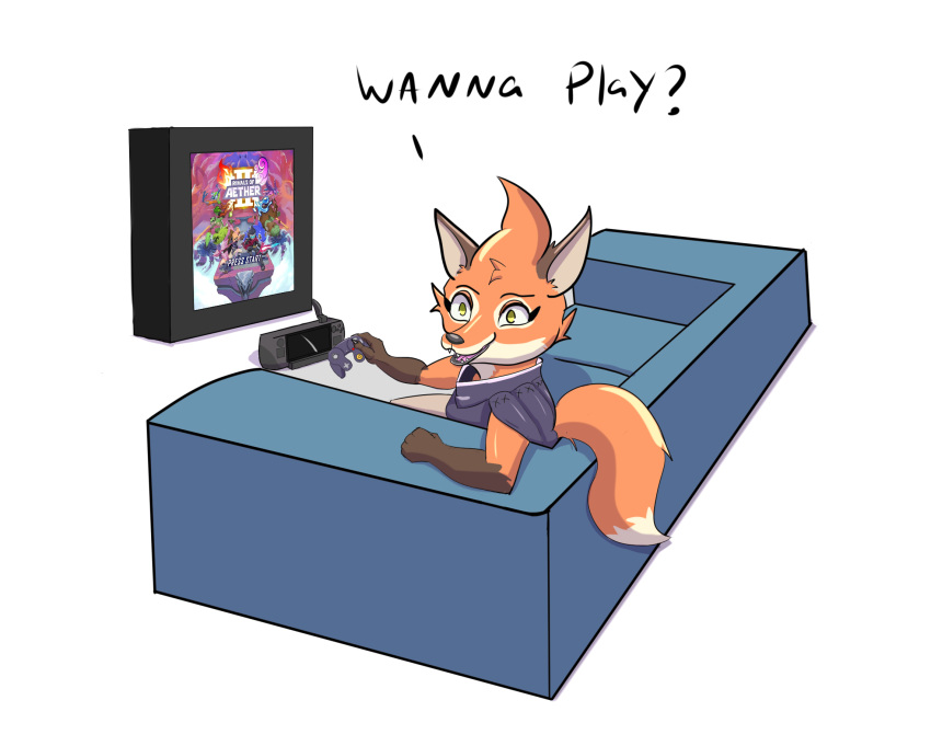 anthro asking_viewer brown_hands canid canine clothed clothing controller digital_media_(artwork) dungeons_of_aether electronics eyebrows female fleet_(dungeons_of_aether) fox fur furniture game_controller gamecube gamecube_controller green_eyes hi_res looking_at_viewer mammal nintendo nintendo_controller orange_body orange_fur pickleticklr rivals_of_aether simple_background sofa solo steamdeck tail television text