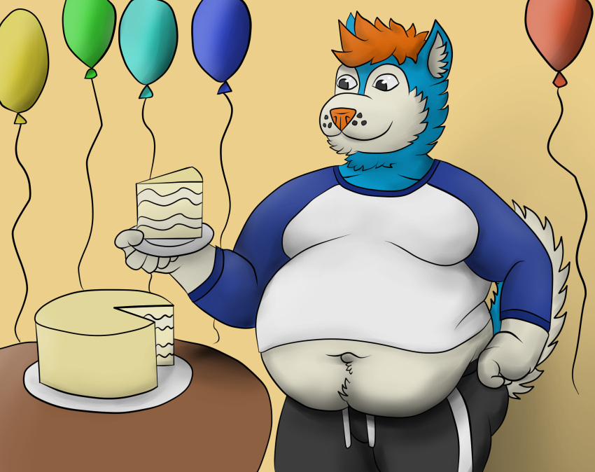 anthro belly belly_overhang birthday birthday_cake birthday_party cake canid canine canis dessert domestic_dog food hi_res husky male mammal navel nekotthebrave nordic_sled_dog obese obese_anthro obese_male overweight overweight_anthro overweight_male rufus solo spitz