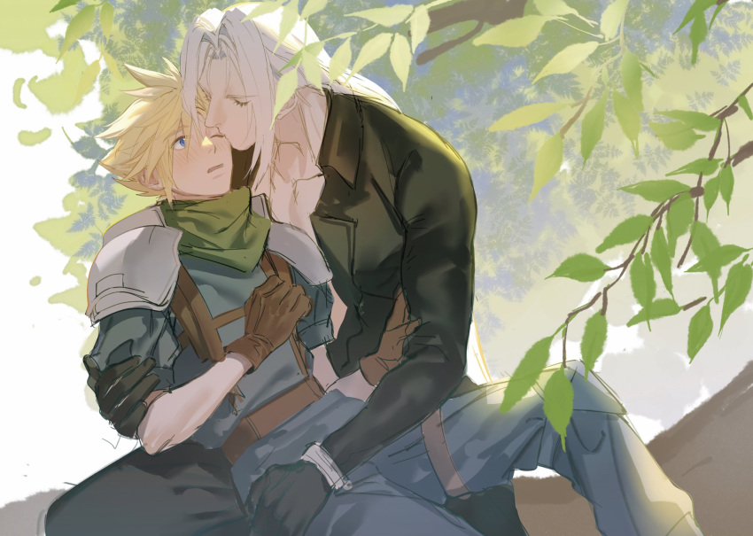 2boys armor belt black_coat black_gloves blonde_hair blue_eyes blue_pants blue_shirt blush bracer brown_belt brown_gloves closed_eyes cloud_strife coat couple crisis_core_final_fantasy_vii day final_fantasy final_fantasy_vii foliage gloves green_scarf grey_hair hair_intakes hand_on_another's_arm hands_up height_difference high_collar highres kissing kissing_forehead knee_pads leaf leaning_back leaning_forward leaning_on_person long_bangs long_coat long_hair long_sleeves male_focus military_uniform multiple_boys no_armor on_lap one_eye_closed open_mouth outdoors pants parted_bangs pauldrons scarf sephiroth shinra_infantry_uniform shirt short_hair shoulder_armor sitting sleeves_rolled_up spiked_hair sunlight surprise_kiss surprised suspenders thigh_belt thigh_strap tree upper_body xianyu314 yaoi