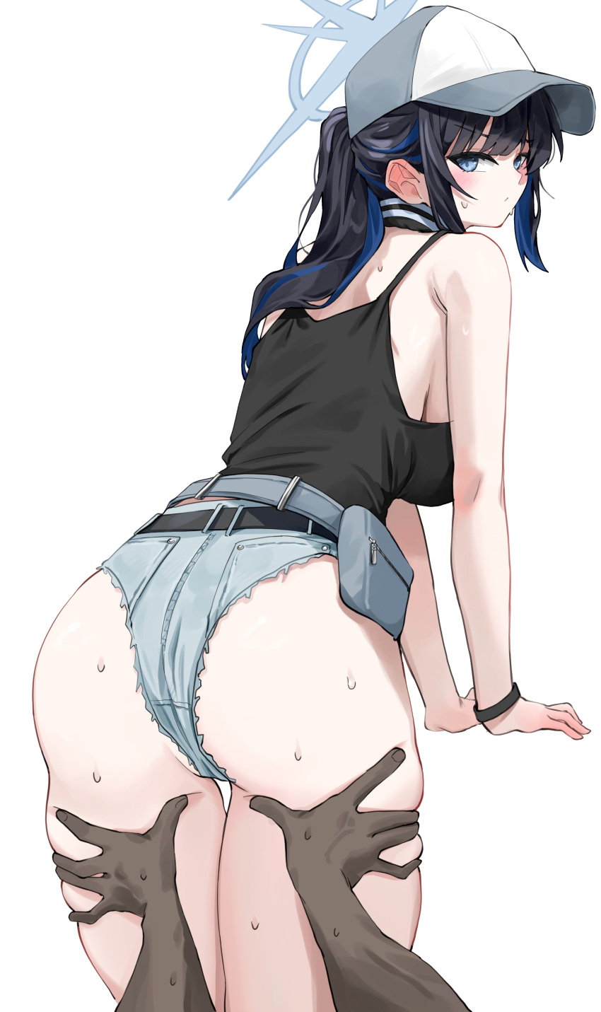 1boy absurdres baseball_cap black_camisole blue_archive blue_halo camisole colored_inner_hair cross_halo denim denim_shorts female grey_shorts halo hat highres jeon_(user_ywaw3774) multicolored_hair official_alternate_costume pov pov_hands saori_(blue_archive) saori_(swimsuit)_(blue_archive) shorts swimsuit thigh_grab white_hat