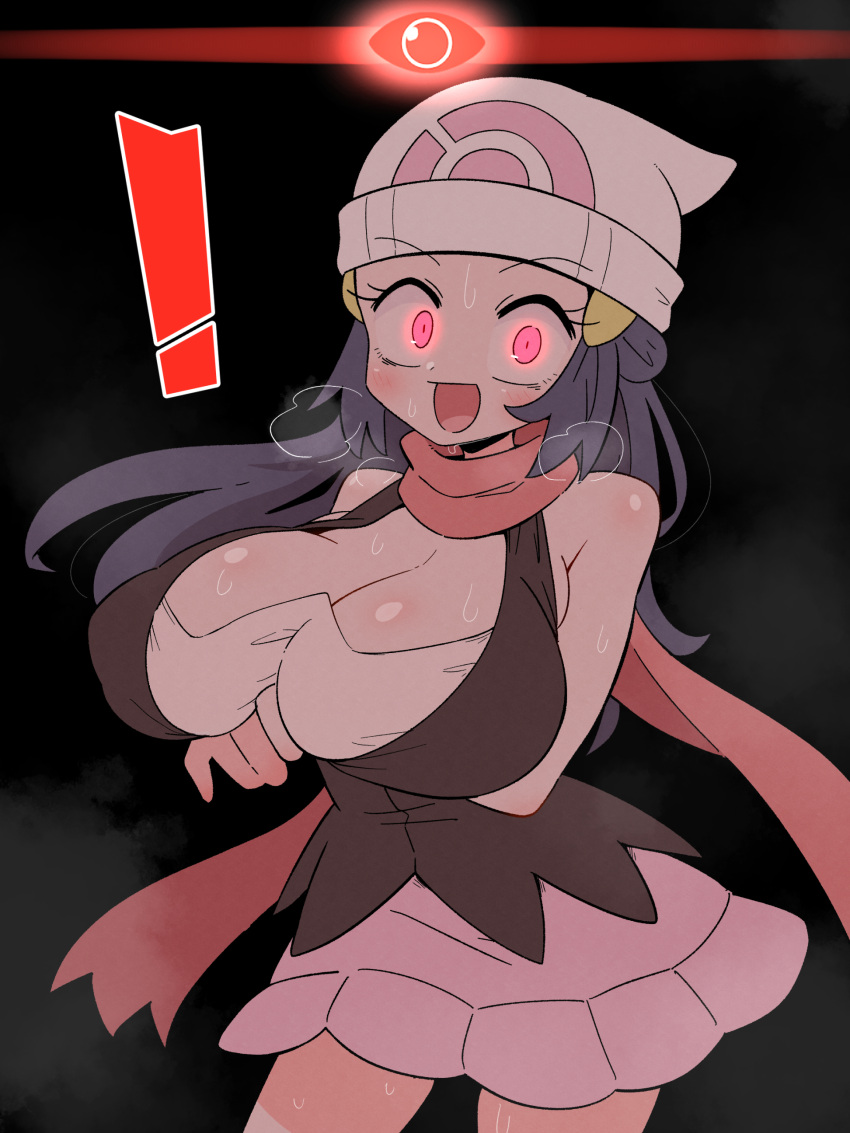 ! absurdres alpha_pokemon alternate_breast_size breasts cowboy_shot dawn_(pokemon) female glowing glowing_eyes heavy_breathing highres kurachi_mizuki large_breasts pokemon pokemon_dppt pokemon_legends:_arceus solo sweat