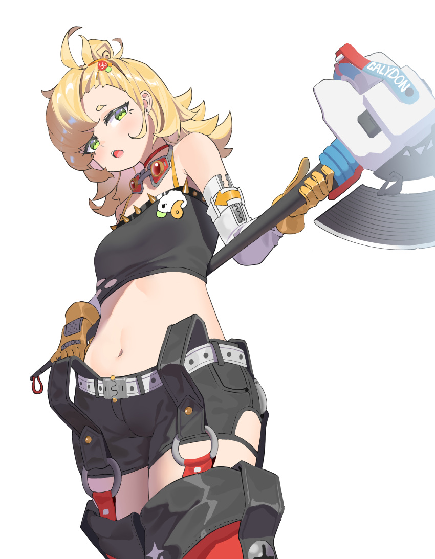 absurdres black_shorts blonde_hair cowboy_shot crop_top earrings female gloves green_eyes hair_bun highres jewelry long_hair looking_at_viewer navel open_mouth piper_wheel shorts simple_background solo white_background yellow_gloves ying_chuan_xue_zhang zenless_zone_zero