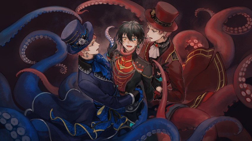 3boys arguing ascot bishounen black_coat black_gloves black_hair blue_cat blue_eyes blush boy_sandwich coat color_contrast d_misang dual_persona earrings ensemble_stars! eye_contact floating_earring from_above gloves hand_up hat heterochromia highres holding_another's_wrist hug itsuki_shu jealous jewelry kagehira_mika looking_at_another male_focus mandarin_collar monster_boy multiple_boys nervous_smile nose_blush octopus_boy open_clothes open_coat open_mouth pink_hair red_brooch red_coat red_hat red_shirt sandwiched shirt short_hair smile steampunk sweatdrop tentacle_legs top_hat white_ascot wide-eyed yaoi yellow_eyes