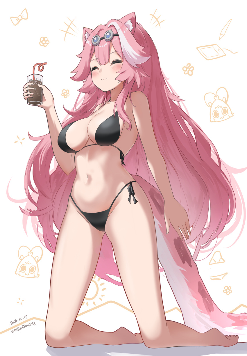 :3 absurdres animal_ears arched_soles artist_name barefoot bikini black_bikini blush breasts chattino_(raora_panthera) closed_eyes closed_mouth commentary crazy_straw cup dated drink drinking_straw english_commentary female glass goggles goggles_on_head highres holding holding_cup hololive hololive_english kneeling large_breasts long_hair multicolored_hair navel panther_ears panther_girl panther_tail raora_panthera smile solo stomach streaked_hair swimsuit tail thighs toes vanillafox2035 virtual_youtuber