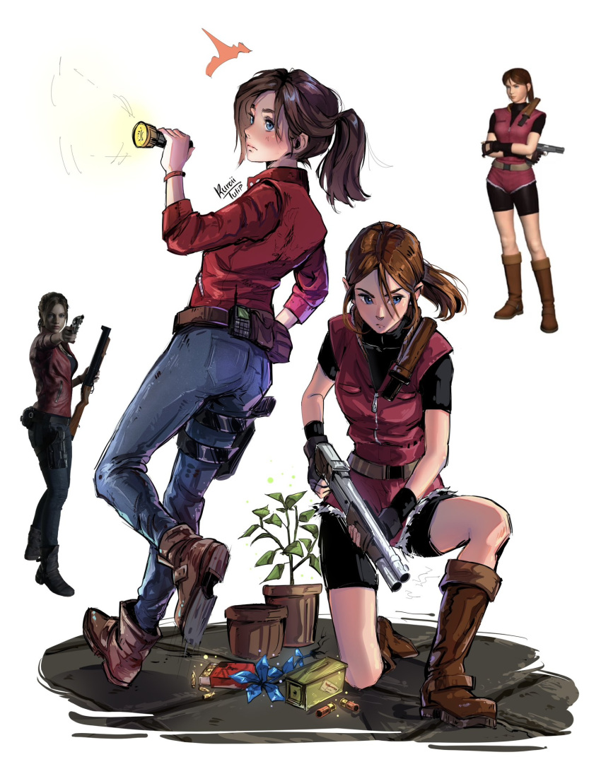 belt bike_shorts bike_shorts_under_shorts blue_eyes boots brown_hair bullet claire_redfield denim dual_persona flashlight frayed_shorts gun handgun highres holster jacket jeans kuroiitulip on_one_knee pants plant ponytail potted_plant red_jacket reference_inset resident_evil resident_evil_2 resident_evil_2_(remake) serious short_shorts shorts shotgun simple_background thigh_holster utility_belt vest walkie-talkie weapon