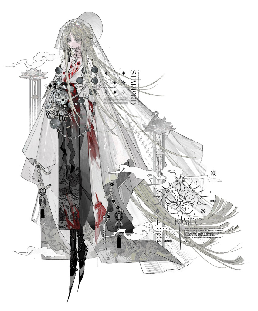 black_footwear blood blood_on_clothes cowl earrings green_skirt grey_eyes grey_hair halo highres jewelry long_hair original s_xing_guowang scar shirt skirt standing tagme very_long_hair white_background white_shirt