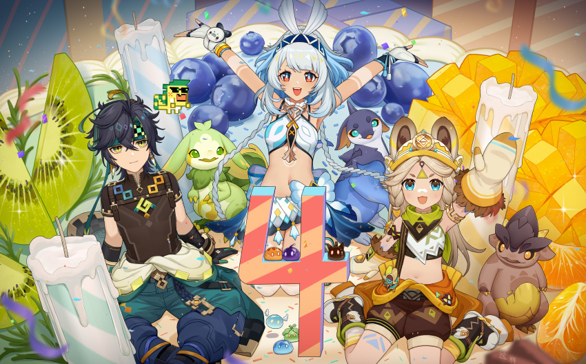 :d absurdres ajaw_(genshin_impact) aqua_pants bandana bandana_around_neck bare_shoulders black_footwear black_gloves black_hair black_shirt black_shorts blue_eyes blue_pants braid breasts candle chinchilla_ears chinese_commentary closed_mouth commentary_request crop_top crossed_bangs diamond-shaped_pupils diamond_(shape) fingerless_gloves fur-trimmed_mittens fur_trim genshin_impact gloves green_bandana green_eyes green_hair green_hairband hair_between_eyes hairband highres kachina_(genshin_impact) kinich_(genshin_impact) kneeling koholasaurus_(genshin_impact) light_blush light_brown_hair long_hair looking_at_viewer medium_breasts mittens mualani_(genshin_impact) multicolored_eyes multicolored_hair navel open_mouth orange_mittens outstretched_arms pants red_eyes shirt short_sleeves shorts sitting slime_(genshin_impact) smile stomach symbol-shaped_pupils teeth tepetlisaurus_(genshin_impact) two-tone_gloves two-tone_pants upper_teeth_only very_long_hair vision_(genshin_impact) white_gloves white_hair white_mittens yellow_eyes yumkasaurus_(genshin_impact) zx961219