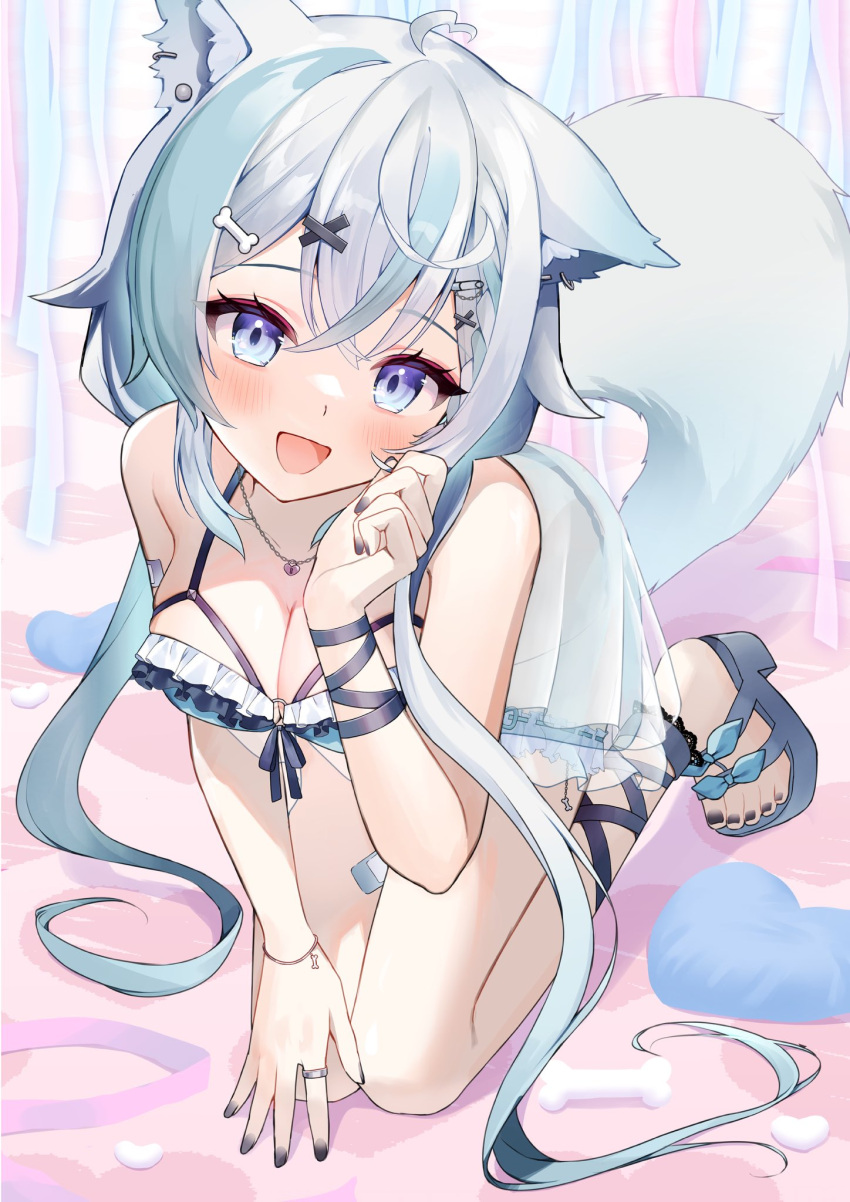 :d ahoge animal_ear_piercing animal_ears bandaid bandaid_on_arm bandaid_on_leg bandaid_on_thigh bikini bikini_top_only black_bikini_bottom black_nails black_ribbon blue_bikini blue_eyes blue_hair blush bone bone_hair_ornament bracelet breasts chain_necklace chains cleavage commentary_request curled_fingers dress female frilled_bikini frills hair_between_eyes hair_ornament hand_on_own_face heart heart-shaped_lock heart-shaped_pillow heart_background highres hiiragi_non indie_virtual_youtuber jewelry kneeling large_breasts leaning_forward leg_wrap long_hair long_sidelocks looking_at_viewer multicolored_hair necklace nemuzzz_nemu pillow pink_background platform_footwear ribbon ring safety_pin safety_pin_hair_ornament sandals second-party_source smile solo streaked_hair sundress swimsuit tail twintails very_long_hair virtual_youtuber wolf_ears wolf_girl wolf_tail wrist_wrap