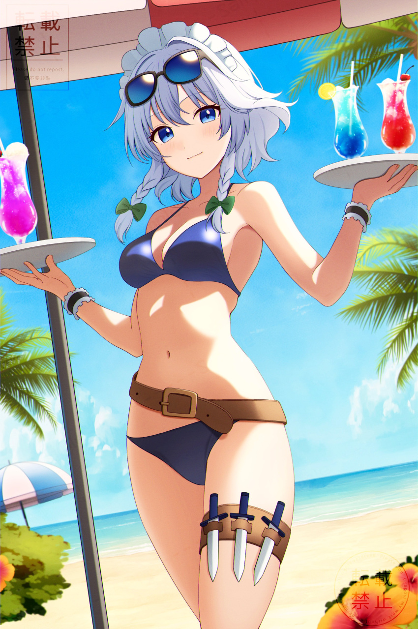 absurdres beach belt bikini blue_bikini blue_eyes blue_wristband braid breasts brown_belt cleavage closed_mouth collarbone cup day female frilled_wristband grey_hair happy highres holding holding_tray holster izayoi_sakuya knife maid_headdress maizumi medium_breasts medium_hair navel ocean outdoors parasol sand smile solo swimsuit thigh_holster touhou tray twin_braids umbrella walking