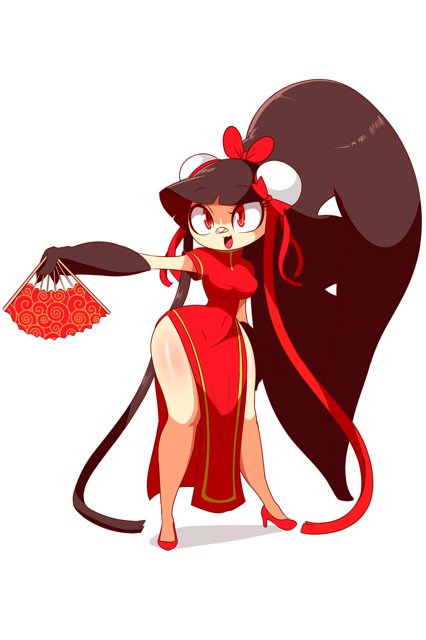 absurd_res accessory asian_clothing bandage black_hair bow_ribbon chinese_clothing chinese_dress clothed clothing dress east_asian_clothing female footwear gaghiel generation_3_pokemon hair hair_accessory hi_res high_heels humanoid lucyfercomic mawile nintendo pokemon pokemon_(species) red_bow red_clothing red_dress red_eyes red_footwear red_high_heels shoes simple_background white_background