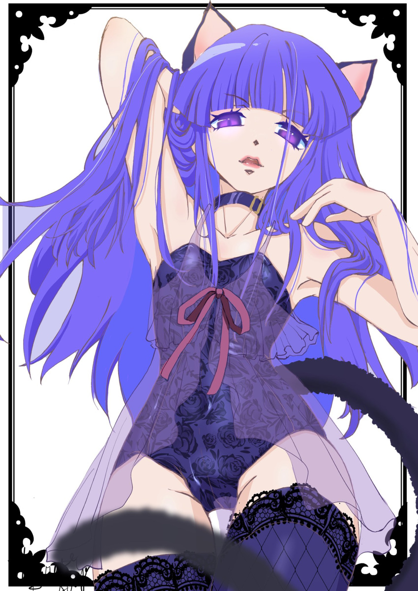 animal_ears armpits arms_up blue_hair blue_leotard blunt_bangs bow cat_ears cat_tail choker eyelashes female flat_chest floral_print frederica_bernkastel hand_in_own_hair highres lace lace-trimmed_legwear lace-trimmed_thighhighs lace_trim leotard long_hair looking_at_viewer nightgown open_mouth out_of_frame parted_lips purple_eyes purple_nightgown red_ribbon ribbon see-through_clothes sirase_souya solo tail thighhighs umineko_no_naku_koro_ni white_background