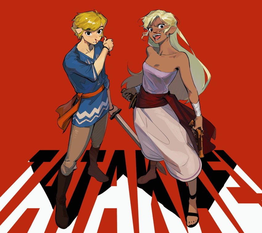 1boy bare_shoulders blonde_hair blood boots female gun handgun highres holding holding_gun holding_sword holding_weapon link nosebleed official_alternate_costume pointy_ears red_background romaji_text sandals senzo6700 strapless sword tetra the_legend_of_zelda the_legend_of_zelda:_the_wind_waker toon_link tube_top weapon wiping_blood