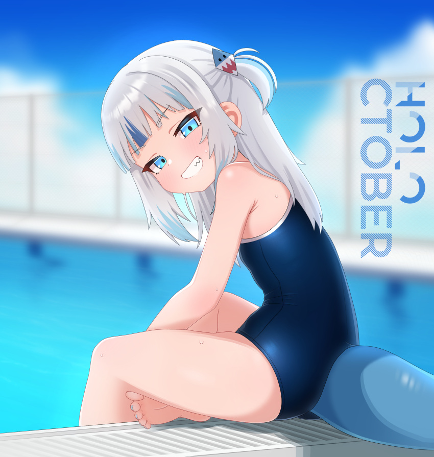 absurdres bare_shoulders blue_eyes blue_hair blue_nails blue_one-piece_swimsuit blunt_bangs blurry blurry_background blush commentary dated_commentary feet female fins fish_tail gawr_gura grey_hair highres hololive hololive_english long_hair looking_at_viewer mingkozus multicolored_hair nail_polish one-piece_swimsuit poolside shark_girl shark_tail sitting smile solo streaked_hair swimsuit tail teeth toenail_polish toenails toes virtual_youtuber wet