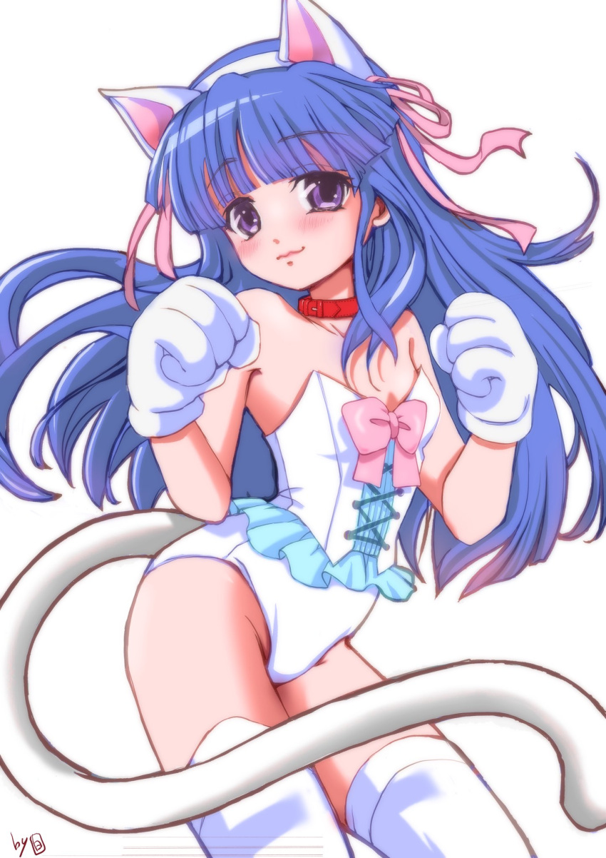 animal_ears animal_hands bare_shoulders blue_hair blunt_bangs blush bow cat_ears cat_tail choker closed_mouth cross-laced_clothes fake_animal_ears female flat_chest furude_rika gloves hair_ribbon highleg highleg_leotard highres higurashi_no_naku_koro_ni leotard long_hair looking_at_viewer paw_gloves paw_pose purple_eyes red_choker ribbon signature sirase_souya smile solo tail thighhighs white_background white_leotard white_thighhighs