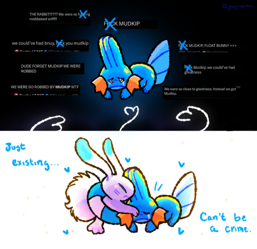 2024 2024_pokemon_gigaleak ambiguous_gender amphibian bar_emanata beta_pokemon_(species) beta_pokemon_games blue_body blue_emanata blue_fin blue_heart blue_skin blue_tail bnuuy_(meme) bodily_fluids censored_text cheek_gills closed_eyes colored comforting comment crying digital_media_(artwork) dipstick_ears duo ear_markings emanata external_gills feral fin fluffy fluffy_tail fur generation_3_pokemon gills head_fin hi_res lagomorph mammal mudkip multicolored_ears nintendo orange_gills pokemon pokemon_(species) profanity rabbit_ears sad shaded tail tail_fin tears warabbit white_body white_fur yagiisama