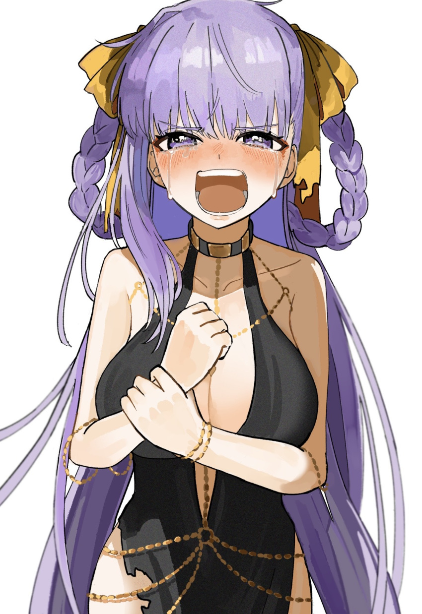 bb_dubai_(fate) braid braided_hair_rings breasts cleavage crying fate/grand_order fate_(series) female hair_rings highres holding_own_wrist jewelry large_breasts long_hair nyokinyoki_18 purple_eyes purple_hair torn_clothes white_background