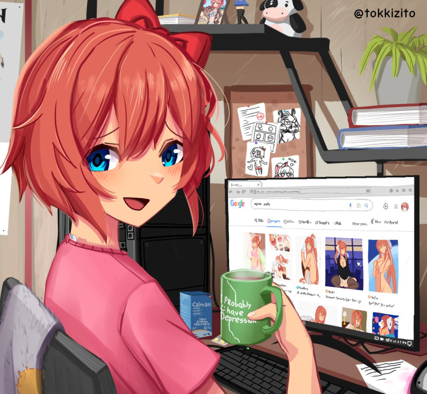 bedroom blue_eyes book book_stack bow bulletin_board computer computer_keyboard computer_tower cup desktop_(computing) doki_doki_literature_club drawing_(object) female google hairbow highres holding holding_cup indoors internet looking_back monika_(doki_doki_literature_club) monitor mug orange_hair paper pink_shirt plant potted_plant sayori_(doki_doki_literature_club) search_bar shelf shirt tokkizito