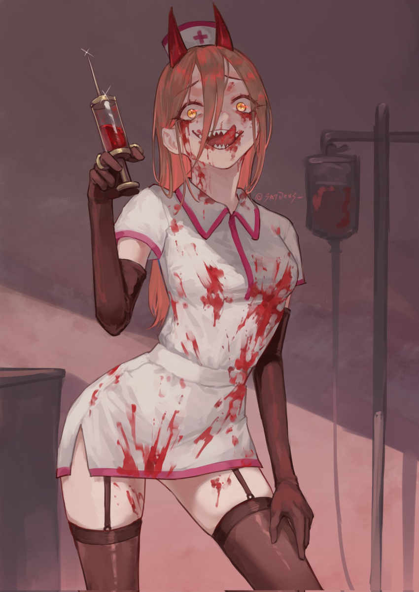 black_gloves black_thighhighs blonde_hair blood blood_on_clothes blood_on_face chainsaw_man commentary cross cross-shaped_pupils demon_girl demon_horns dress elbow_gloves english_commentary female garter_straps gloves hair_between_eyes hat highres holding holding_syringe horns intravenous_drip long_hair looking_at_viewer nurse nurse_cap power_(chainsaw_man) red_cross red_horns saydens sharp_teeth solo symbol-shaped_pupils syringe teeth thighhighs tongue tongue_out white_dress yellow_eyes