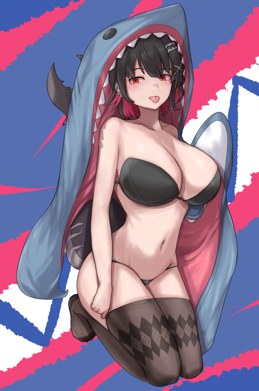 :p animal_costume black_bra black_hair black_panties bra breasts brown_thighhighs collarbone colored_inner_hair commentary_request ellen_joe female fins fish_tail hair_ornament highres korean_commentary large_breasts looking_at_viewer multicolored_hair navel panties red_eyes red_hair shark_costume shark_girl shark_tail short_hair skyhood solo tail thighhighs thighs tongue tongue_out underwear x_hair_ornament zenless_zone_zero