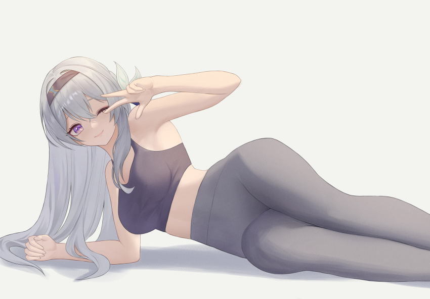 alternate_costume bare_shoulders black_hairband black_sports_bra breasts c.u.b.e closed_mouth commentary crop_top feet_out_of_frame female firefly_(honkai:_star_rail) grey_background grey_leggings grey_pants hair_between_eyes hairband highres honkai:_star_rail honkai_(series) large_breasts leggings long_hair looking_at_viewer lying midriff on_side one_eye_closed pants planking purple_eyes smile solo sports_bra symbol-only_commentary w white_hair