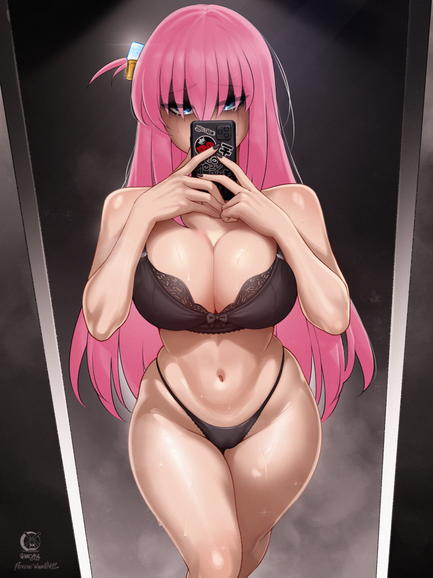 absurdres artist_logo black_bra black_nails black_panties blue_eyes bocchi_the_rock! bow bow_bra bra breasts cube_hair_ornament female full-length_mirror gotoh_hitori hair_ornament hair_over_eyes highres huge_breasts long_hair looking_at_mirror mirror nail_polish navel one_side_up panties pink_hair runny_makeup selfie solo stomach sweat thighs underwear underwear_only windmill_(windmillg)