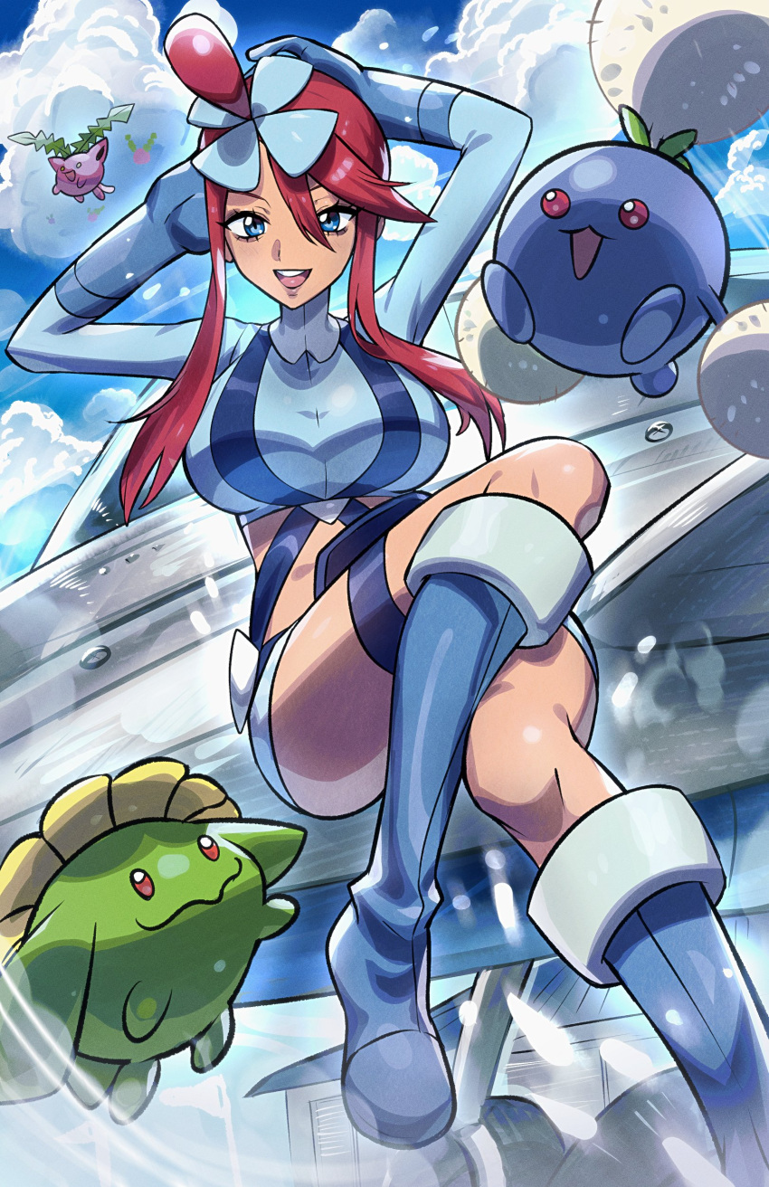 2024_pokemon_teraleak absurdres blue_shirt blue_shorts breasts brown_hair cropped_shirt crossed_legs dark-skinned_female dark_skin female highres hoppip jumpluff large_breasts pokemon pokemon_(creature) pokemon_bw ryairyai shirt shorts sitting skiploom skyla_(pokemon)