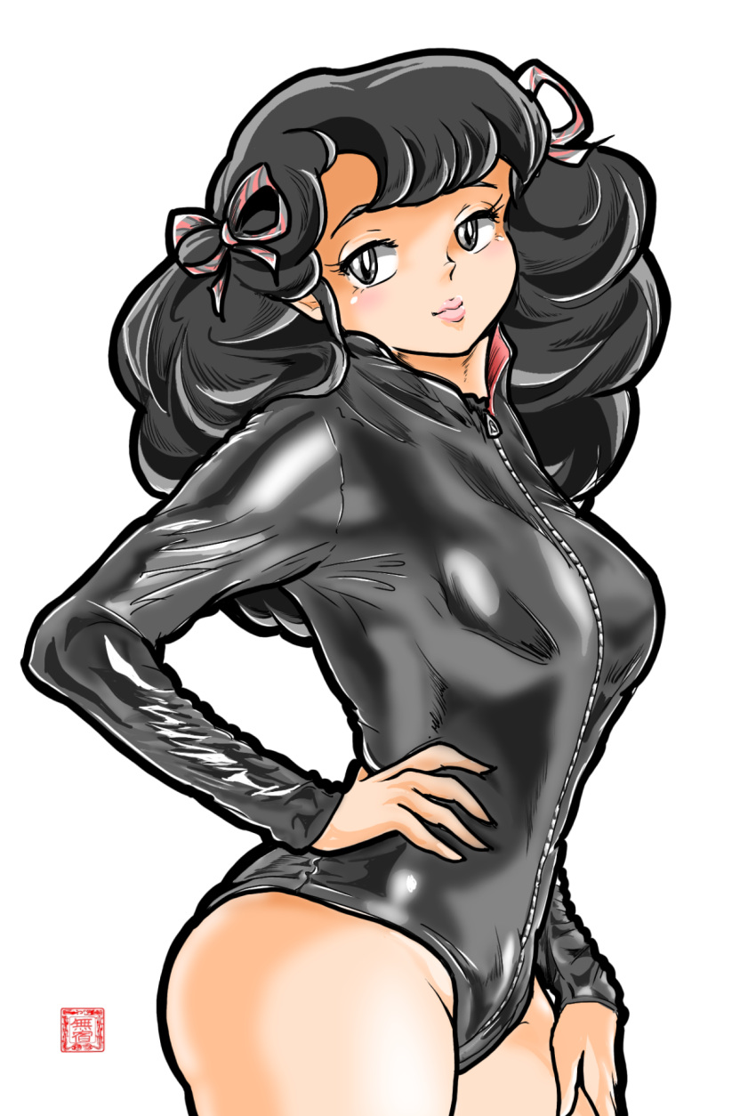 black_eyes black_hair bodysuit female highres latex latex_bodysuit looking_at_viewer mushuku_(cgckfaoaoy4p1hx) ran_(urusei_yatsura) smile solo urusei_yatsura