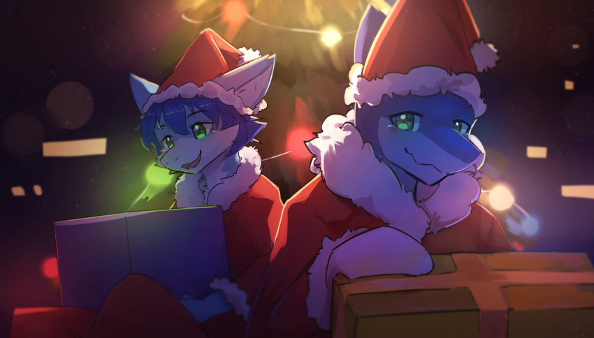 2022 aero_(heroicveemon) bald blue_body blue_fur blue_hair blue_skin blush blush_lines box christmas christmas_clothing christmas_headwear christmas_lights christmas_tree clothed clothing coat container dolfengra dragon duo fin fingerless_gloves fish fluffy fluffy_coat fur furred_dragon furred_scalie gift glistening glistening_eyes gloves green_eyes hair handwear hat hatohui headgear headwear hi_res holding_object holidays looking_at_object looking_at_viewer mackerel_shark male marine mythological_creature mythological_scalie mythology open_mouth open_smile plant red_clothing red_coat red_topwear santa_hat scalie shark slim smile snow thresher_shark topwear tree white_body white_clothing white_fur white_gloves white_handwear winter winter_coat wrapped_gift