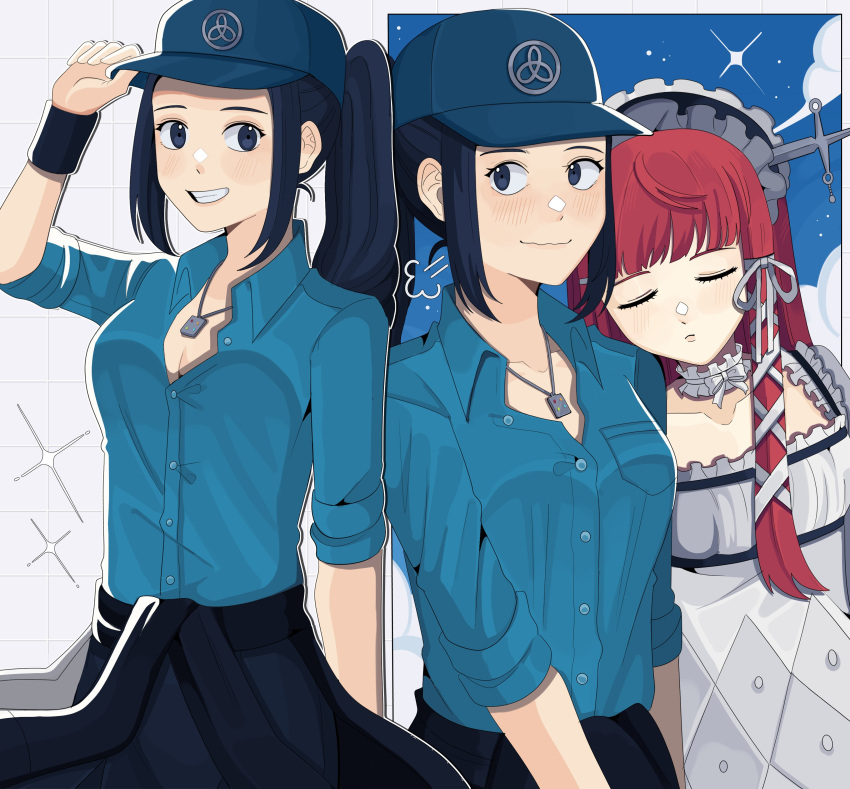 2girls absurdres arm_up blue_eyes blue_hair blue_hat blue_shirt blue_sky blush bobamiruku breasts cleavage closed_eyes closed_mouth clothes_around_waist collared_shirt cowboy_shot dress frilled_dress frilled_hairband frills genderswap_(mtf) grey_background hair_ornament hair_ribbon hairband hat highres iori_junpei jacket jacket_around_waist jewelry maid_headdress medium_breasts multiple_girls multiple_views necklace persona persona_3 ponytail red_hair ribbon rule_63 shirt sidelocks sky sleeves_rolled_up small_breasts smile white_dress white_ribbon yoshino_chidori