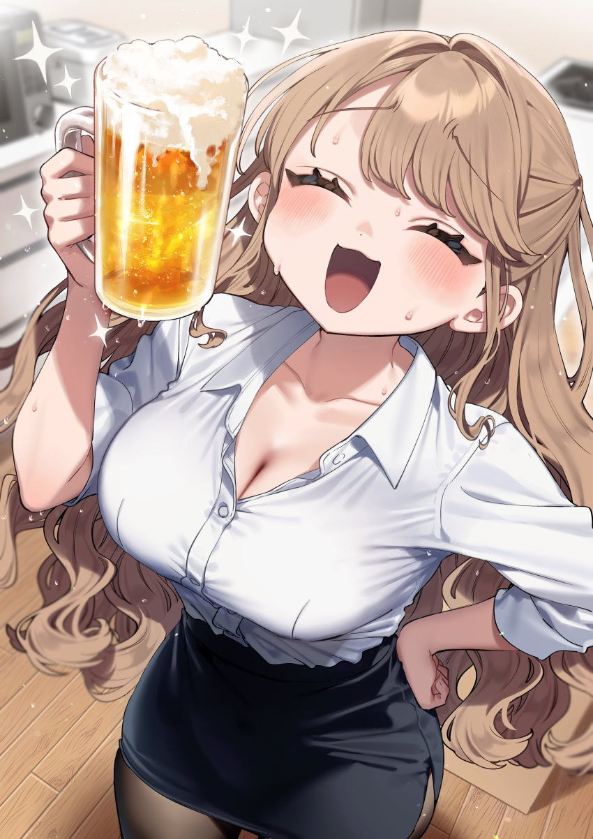 :3 :d ^_^ absurdres alcohol beer beer_mug black_pantyhose blush breasts brown_hair cleavage closed_eyes collarbone cup female half_updo highres holding holding_cup indoors kodama's_elder_sister_(sakura_yuki) large_breasts long_hair mug open_mouth original pantyhose pencil_skirt sakura_yuki_(clochette) shirt side_slit skirt smile solo white_shirt wooden_floor