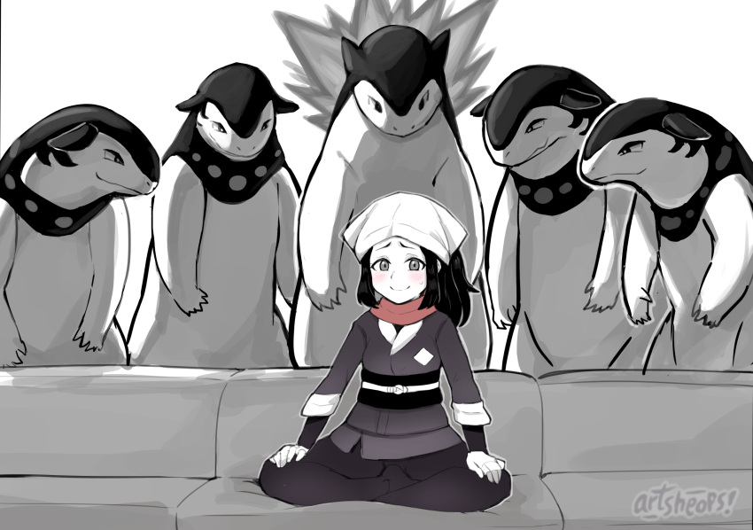 2024_pokemon_teraleak 5others akari_(pokemon) artsheops blush breasts couch female fire galaxy_expedition_team_survey_corps_uniform greyscale headscarf highres hisuian_typhlosion imminent_gangbang indian_style large_breasts long_hair long_sleeves looking_at_another looking_at_viewer meme monochrome multiple_others navel on_couch piper_perri_surrounded_(meme) pokemon pokemon_(creature) pokemon_legends:_arceus scarf shaded_face sitting smile spot_color typhlosion you_gonna_get_raped