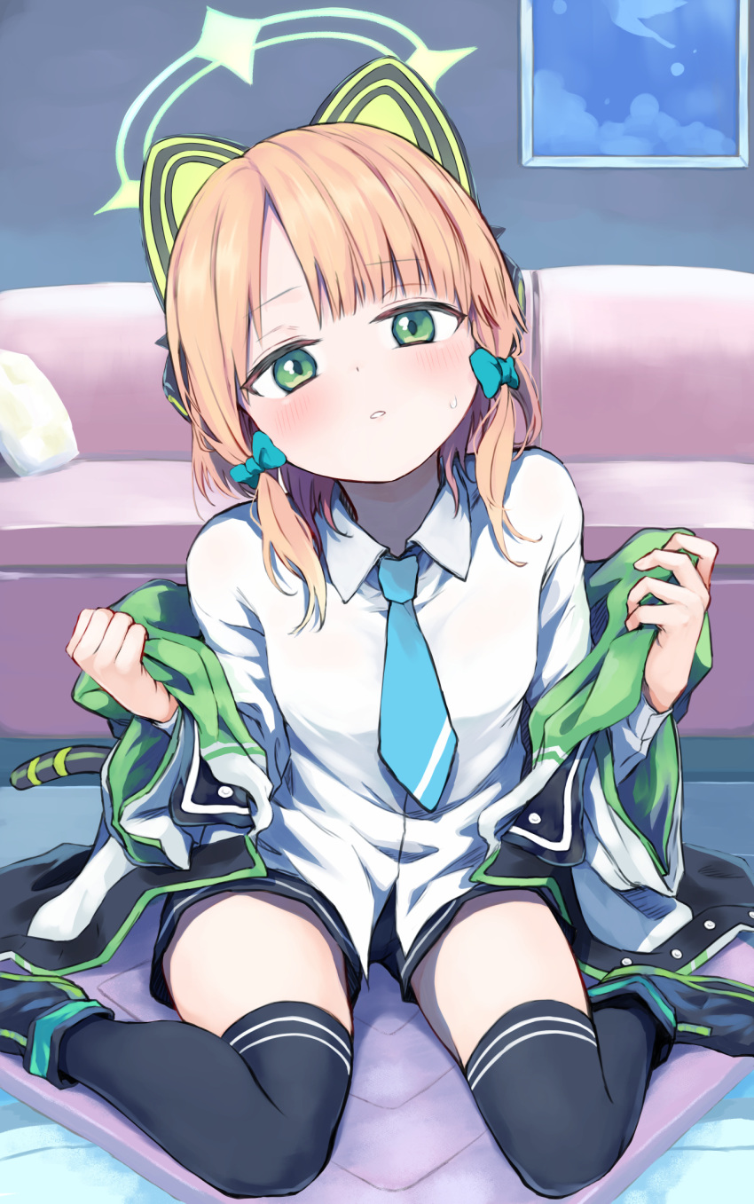 animal_ear_headphones animal_ears black_footwear black_shorts black_thighhighs blonde_hair blue_archive blue_necktie blush breasts cat_ear_headphones cat_tail collared_shirt couch fake_animal_ears female green_eyes green_jacket halo head_tilt headphones highres indoors jacket kamatama looking_at_viewer mechanical_tail medium_hair midori_(blue_archive) multicolored_clothes multicolored_jacket narrowed_eyes necktie removing_jacket shirt shoes short_shorts shorts sitting small_breasts solo sweatdrop tail thighhighs thighs two-tone_jacket wariza white_jacket white_shirt