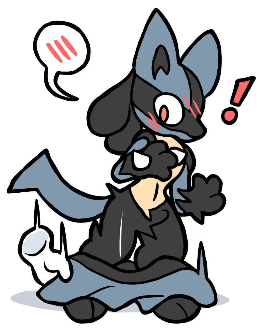 2024_pokemon_gigaleak absurd_res ambiguous_gender assisted_exposure black_body black_fur blue_body blue_fur blush canid canine chest_spike disembodied_hand embarrassed featureless_crotch feral fur generation_4_pokemon hi_res lucario mammal mastardraws nintendo pantsing pokemon pokemon_(species) pseudo_clothing simple_background solo speech_bubble spikes spikes_(anatomy) tan_body tan_fur white_background