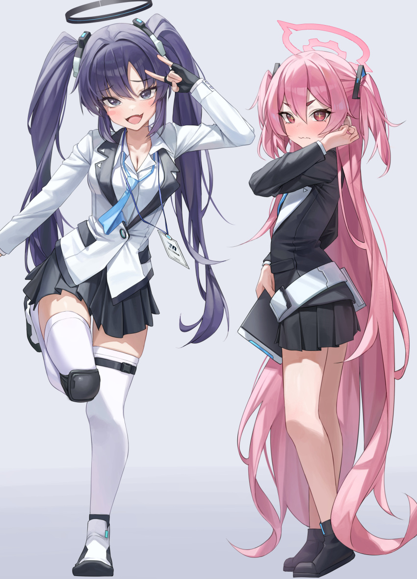 2girls :d \n/ absurdres black_eyes black_footwear black_halo black_jacket black_skirt blue_archive blue_hair blue_necktie blush blush_stickers breasts cleavage closed_mouth collared_shirt commentary_request cosplay costume_switch hair_between_eyes hair_ornament halo hand_up highres holding jacket korean_commentary koyuki_(blue_archive) koyuki_(blue_archive)_(cosplay) lanyard leg_up long_hair long_sleeves looking_at_viewer medium_breasts multiple_girls necktie oerba_yun_fang open_mouth personality_switch pink_hair pink_halo pleated_skirt red_eyes shirt shoes simple_background skin_fang skirt smile standing standing_on_one_leg suit_jacket thighhighs twintails um_111 very_long_hair wavy_mouth white_background white_footwear white_jacket white_shirt white_thighhighs yuuka_(blue_archive) yuuka_(blue_archive)_(cosplay) zettai_ryouiki