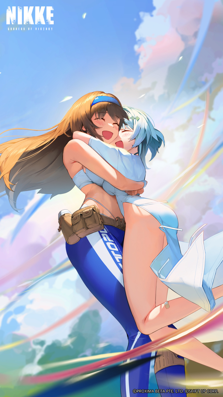 2girls artist_request ass bandaid bandaid_on_leg belt blue_hairband blue_pants blush breasts brown_belt brown_hair closed_eyes cloud cloudy_sky crop_top cropped day dress english_commentary goddess_of_victory:_nikke hairband highres hug large_breasts long_hair medium_hair multiple_girls nadia_(nikke) official_art open_mouth outdoors pants rumani_(nikke) sky smile white_dress white_hair yoga_pants