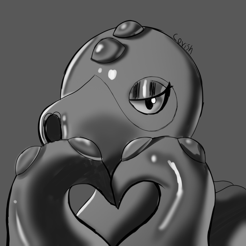 2024 absurd_res bedroom_eyes cephalopod coleoid covish05 digital_media_(artwork) female feral generation_2_pokemon glistening_eyelids grey_background half-closed_eyes heart_symbol hi_res looking_at_viewer marine mollusk monochrome multilimb narrowed_eyes nintendo octillery octopodiform octopus pokemon pokemon_(species) seductive signature simple_background snout solo suckers tentacle