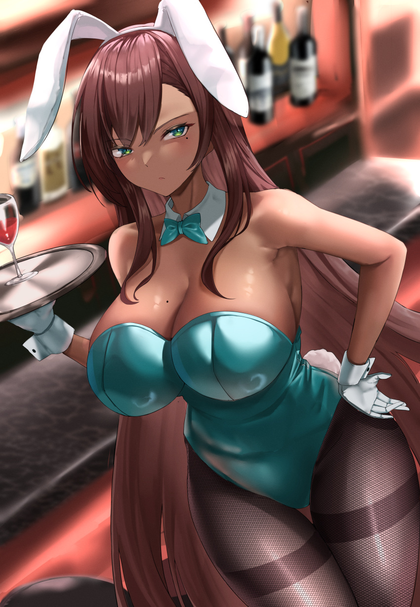 absurdres animal_ears bar_(place) bare_shoulders blue_leotard bottle breasts brown_hair brown_pantyhose cleavage commission dark-skinned_female dark_skin detached_collar dutch_angle fake_animal_ears fake_tail female fine_fabric_emphasis gloves green_eyes highleg highleg_leotard highres holding holding_tray huge_breasts indoors leotard long_hair looking_at_viewer mikkom mole mole_on_breast mole_under_eye original pantyhose pixiv_commission playboy_bunny rabbit_ears rabbit_tail solo strapless strapless_leotard tail thigh_gap thighband_pantyhose tray very_long_hair white_gloves wrist_cuffs