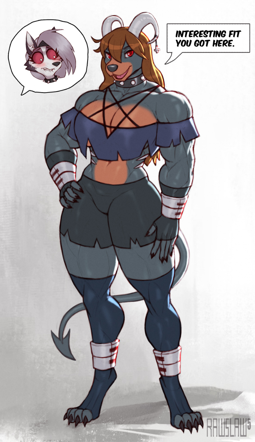 2024 4_toes 5_fingers absurd_res anthro bite biting_lip biting_own_lip black_body black_fur black_nose bottomwear brown_body brown_fur canid canid_demon canine clothed clothed_anthro clothed_female clothing collar cosplay crop_top demon dialogue english_text feet female fingerless_gloves fingers fur generation_2_pokemon gloves grey_body grey_fur hair handwear hellhound helluva_boss hi_res hindpaw horn houndoom humanoid_hands legwear loona_(helluva_boss) mammal multicolored_body multicolored_fur muscular muscular_anthro muscular_female mythological_canine mythological_creature mythology nintendo offscreen_character open_mouth open_smile paws pokemon pokemon_(species) rawslaw5 red_hair red_sclera shirt shorts silver_hair smile solo speech_bubble spiked_collar spikes standing stockings text toes topwear two_tone_body two_tone_fur white_body white_eyes white_fur