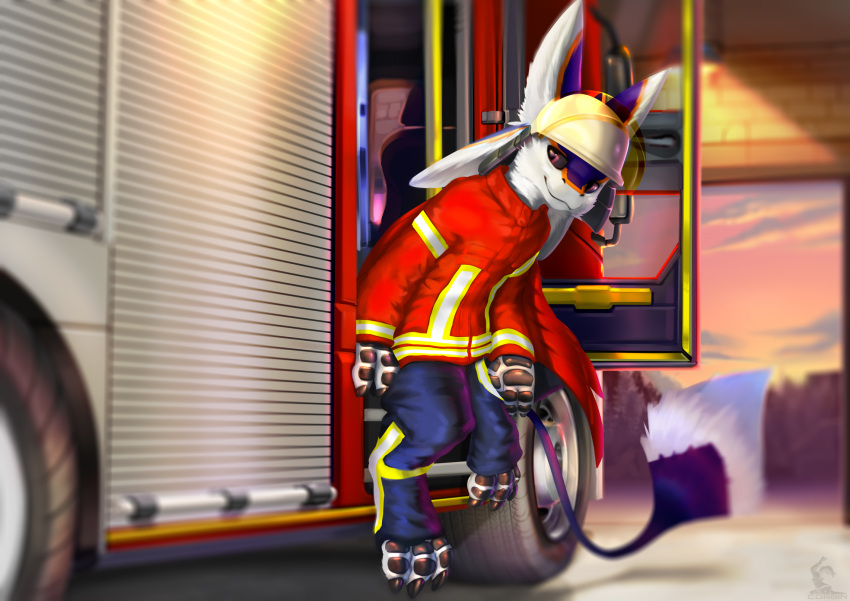 anthro armor avali biped blue_body blue_feathers clothing corbin_(roscy) feathers fire_engine firefighter firefighter_helmet firefighter_uniform garage headgear helmet hi_res inside landscape male male_anthro orange_body orange_feathers purple_eyes resting scales seat sitting solo truck_(vehicle) uniform vehicle wheel white_body white_feathers window