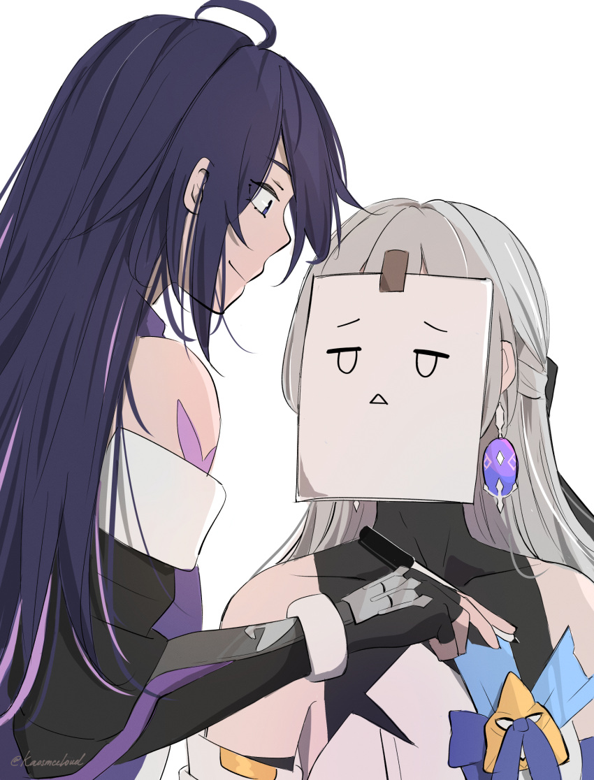 2girls ahoge bare_shoulders black_gloves bronya_rand commentary dress earrings fingerless_gloves gloves grey_hair highres honkai:_star_rail honkai_(series) jewelry kaosmccloud long_hair meme multiple_girls paper purple_hair seele_(honkai:_star_rail) simple_background space_cat_(meme) symbol-only_commentary upper_body very_long_hair white_background white_dress