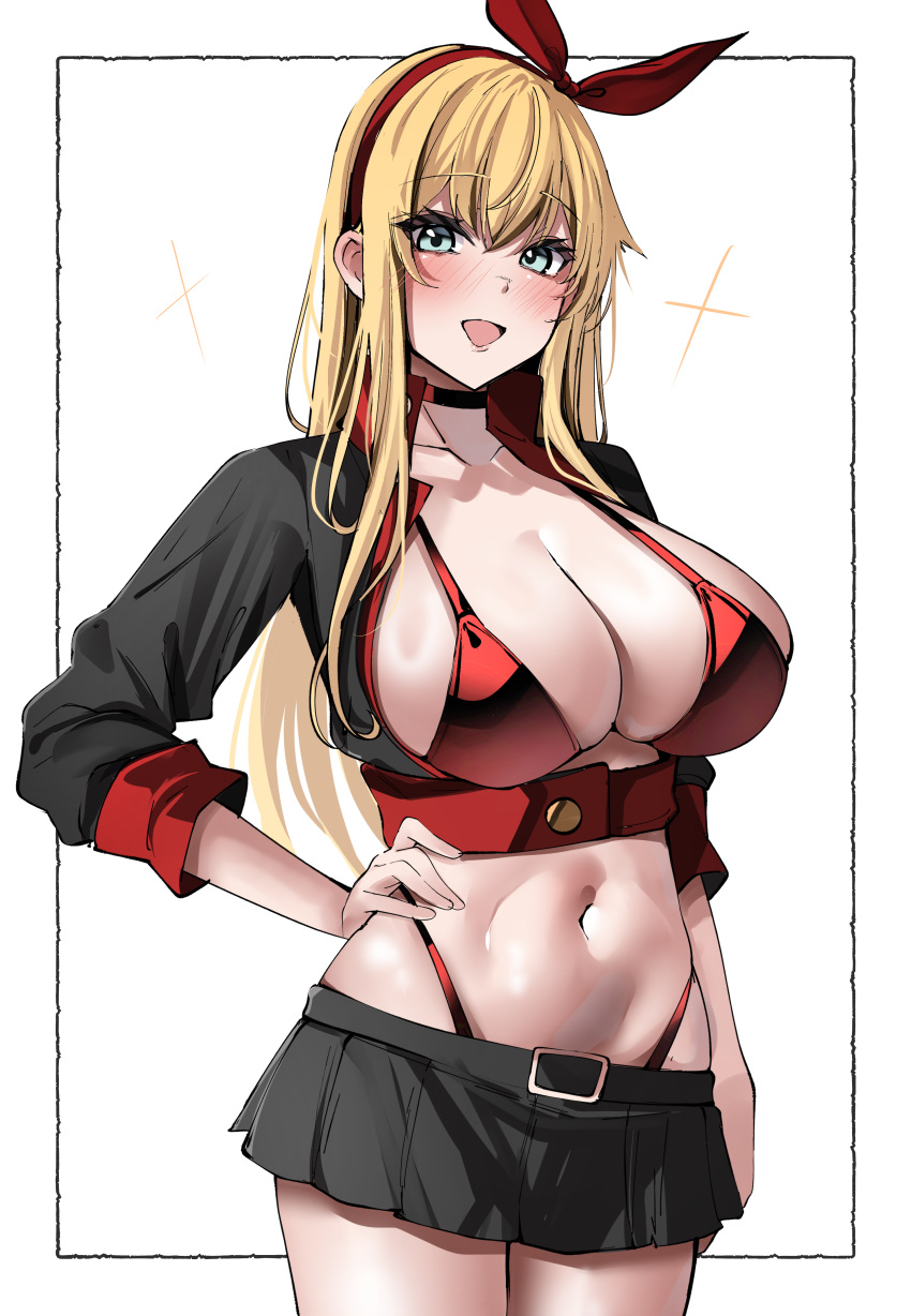 absurdres alternate_costume bikini bismarck_(kancolle) black_skirt blonde_hair blue_eyes blush breasts collarbone commentary_request female hairband hand_on_own_hip highres kantai_collection large_breasts long_hair looking_at_viewer navel open_mouth red_bikini red_hairband simple_background skirt smile solo standing swimsuit tf_cafe thighs white_background