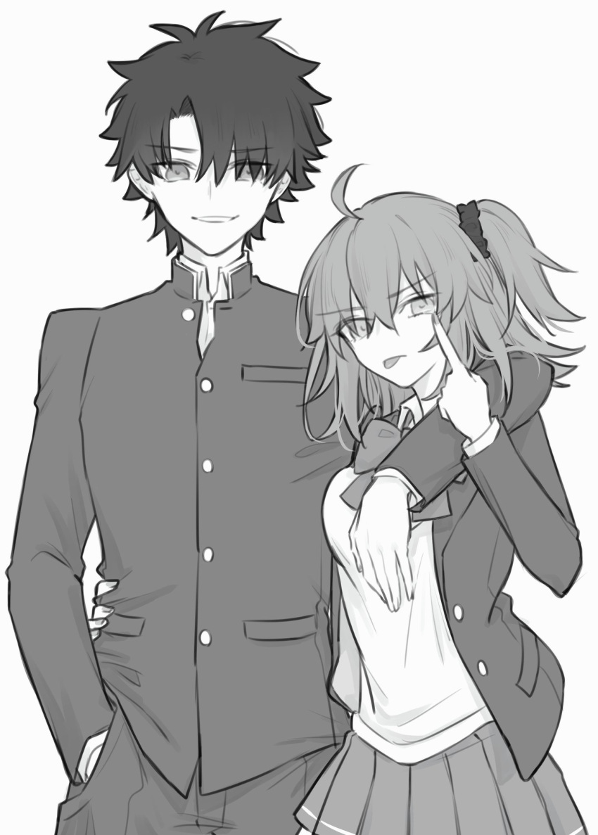 1boy :p ahoge arm_around_shoulder arm_around_waist blazer bow bowtie breasts chaldea_uniform commentary_request cowboy_shot crossed_bangs eyelid_pull fate/grand_order fate_(series) female fujimaru_ritsuka_(female) fujimaru_ritsuka_(male) greyscale hair_ornament hair_over_one_eye hair_scrunchie hand_in_pocket highres how_to_win_my_husband_over jacket looking_at_viewer medium_breasts monochrome pants pleated_skirt school_uniform scrunchie skirt smile tongue tongue_out white_background yukihara_sbgd