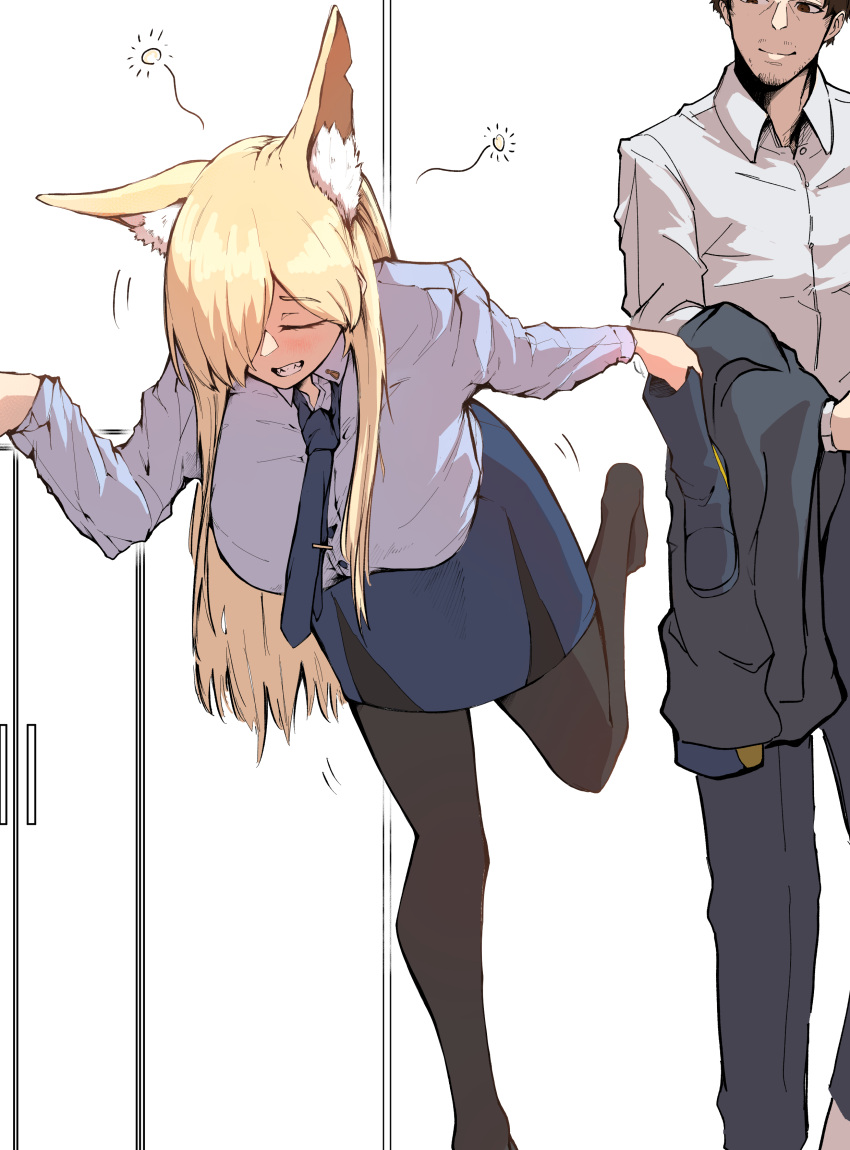 absurdres animal_ear_fluff animal_ears black_pantyhose blonde_hair blue_archive breasts closed_eyes dog_ears dog_girl drunk highres holding holding_jacket holding_unworn_clothes jacket kanna_(blue_archive) large_breasts leaning_forward leg_up long_hair long_sleeves pants pantyhose removing_shoes sensei_(blue_archive) sharp_teeth skirt squeans teeth tehau_(sup_calon)