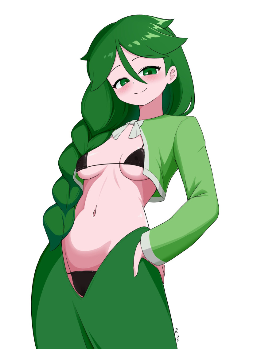 artist_name bikini black_bikini blush braid breasts cheryl_(pokemon) closed_mouth cowboy_shot female green_eyes green_hair hair_between_eyes highres kai-too long_hair looking_at_viewer micro_bikini navel pokemon pokemon_dppt stomach swimsuit