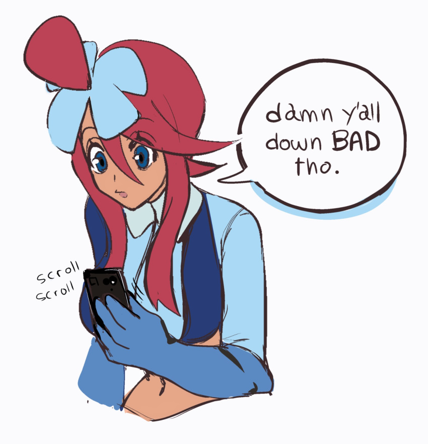 2024_pokemon_teraleak blue_eyes blue_gloves breasts cellphone crop_top cropped_jacket cropped_torso d4wnselette ebonics english_commentary english_text female gloves hair_ornament highres holding holding_phone implied_pornography large_breasts midriff one_side_up phone pokemon pokemon_bw profanity red_hair sidelocks skyla_(pokemon) solo speech_bubble swept_bangs white_background