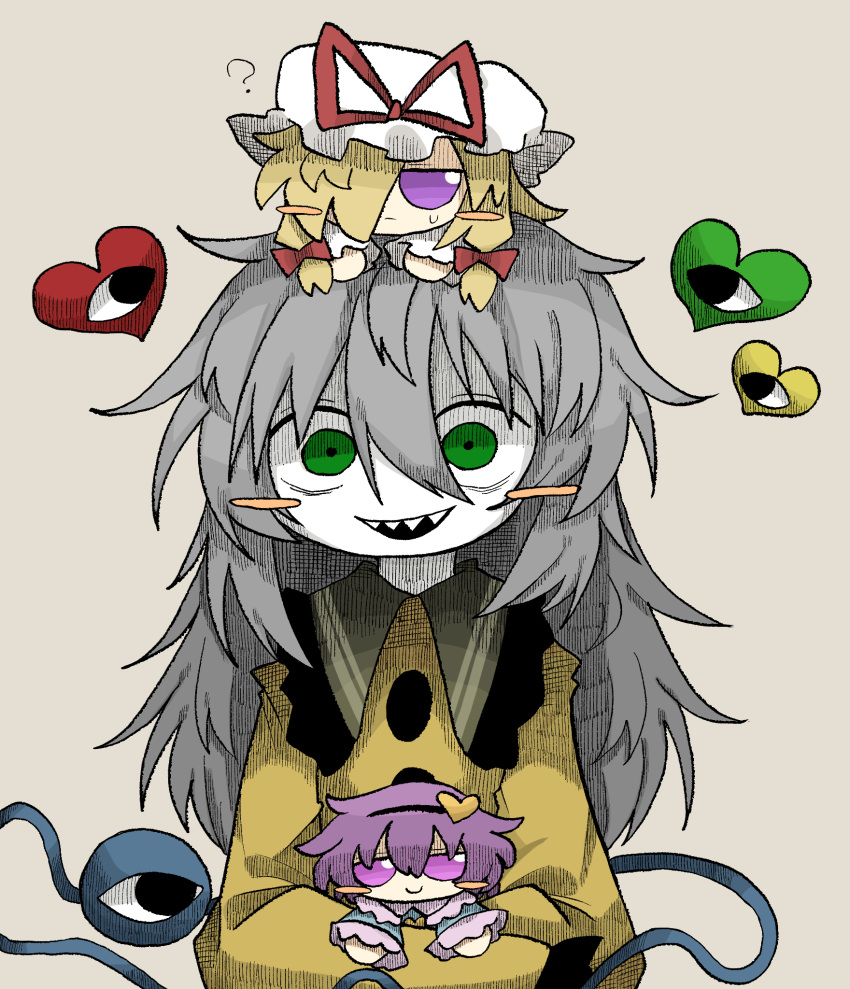 ? bags_under_eyes blonde_hair blue_shirt blush_stickers buttons crossed_arms fumo_(doll) green_eyes grey_hair hair_between_eyes hair_ornament hair_over_one_eye hair_ribbon hat heart heart_hair_ornament highres holding holding_toy koishi_komeiji's_heart-throbbing_adventure komeiji_koishi komeiji_satori long_hair long_sleeves looking_at_viewer multiple_girls on_head one_eye_covered pale_skin pink_eyes pink_hair red_ribbon ribbon sharp_teeth shirt short_hair simple_background sleeves_past_fingers sleeves_past_wrists smile stuffed_toy sweat sweatdrop teeth third_eye touhou toy upper_teeth_only yakumo_yukari yellow_shirt zunusama