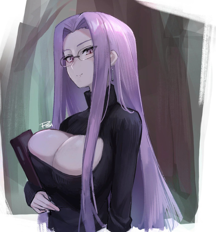 book breast_press breasts cleavage cleavage_cutout clothing_cutout ear_piercing earrings fate/grand_order fate/stay_night fate_(series) female forest highres holding holding_book jewelry large_breasts long_bangs long_hair looking_at_viewer medusa_(fate) medusa_(rider)_(fate) nature piercing psidubs purple_eyes purple_hair smile solo sweater turtleneck turtleneck_sweater very_long_hair