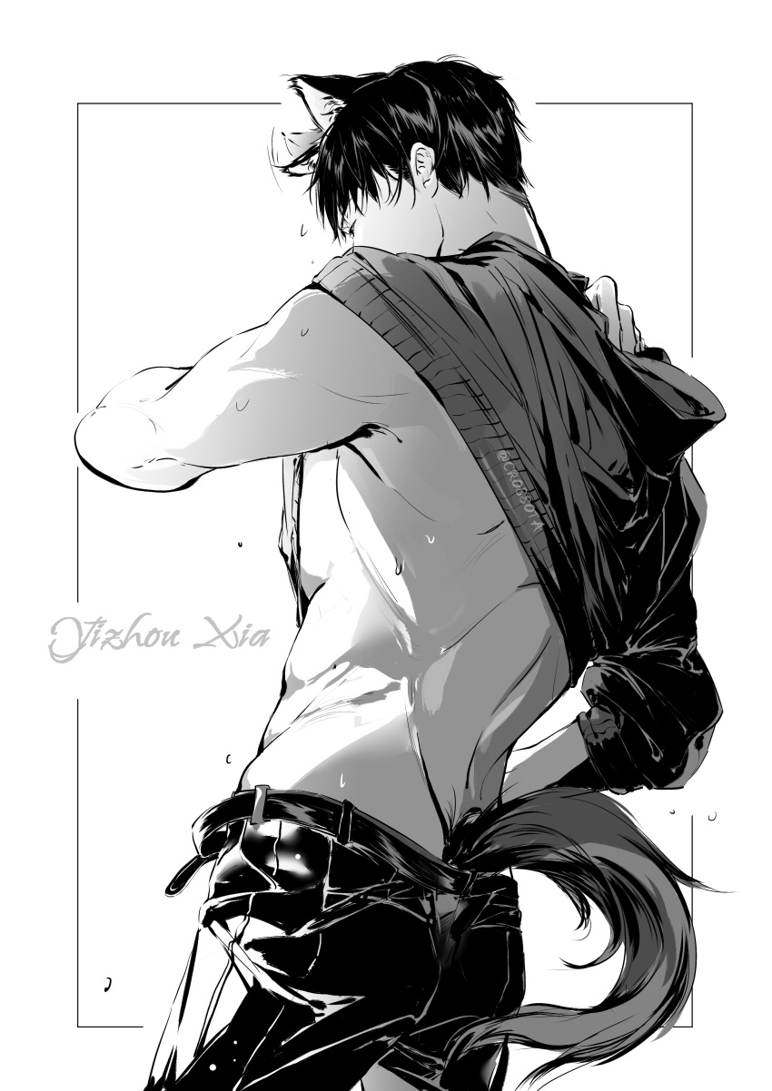 1boy absurdres animal_ears caleb_(love_and_deepspace) cowboy_shot crossota dog_boy dog_ears dog_tail ear_wiggle greyscale hand_on_own_hip hand_on_own_shoulder highres kemonomimi_mode love_and_deepspace male_focus monochrome short_hair solo sweat tail toned toned_male very_short_hair