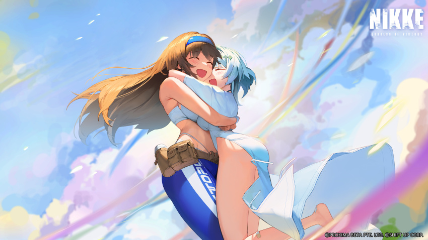 2girls absurdres artist_request ass bandaid bandaid_on_leg belt blue_hairband blue_pants blush breasts brown_belt brown_hair closed_eyes cloud cloudy_sky crop_top cropped day dress english_commentary goddess_of_victory:_nikke hairband highres hug large_breasts long_hair medium_hair multiple_girls nadia_(nikke) official_art open_mouth outdoors pants rumani_(nikke) sky smile white_dress white_hair yoga_pants